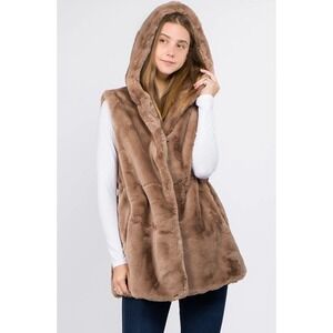 Faux Fur Hooded Vest Womens G.‎ Brown Sleeveless Drawstring Waist Casual